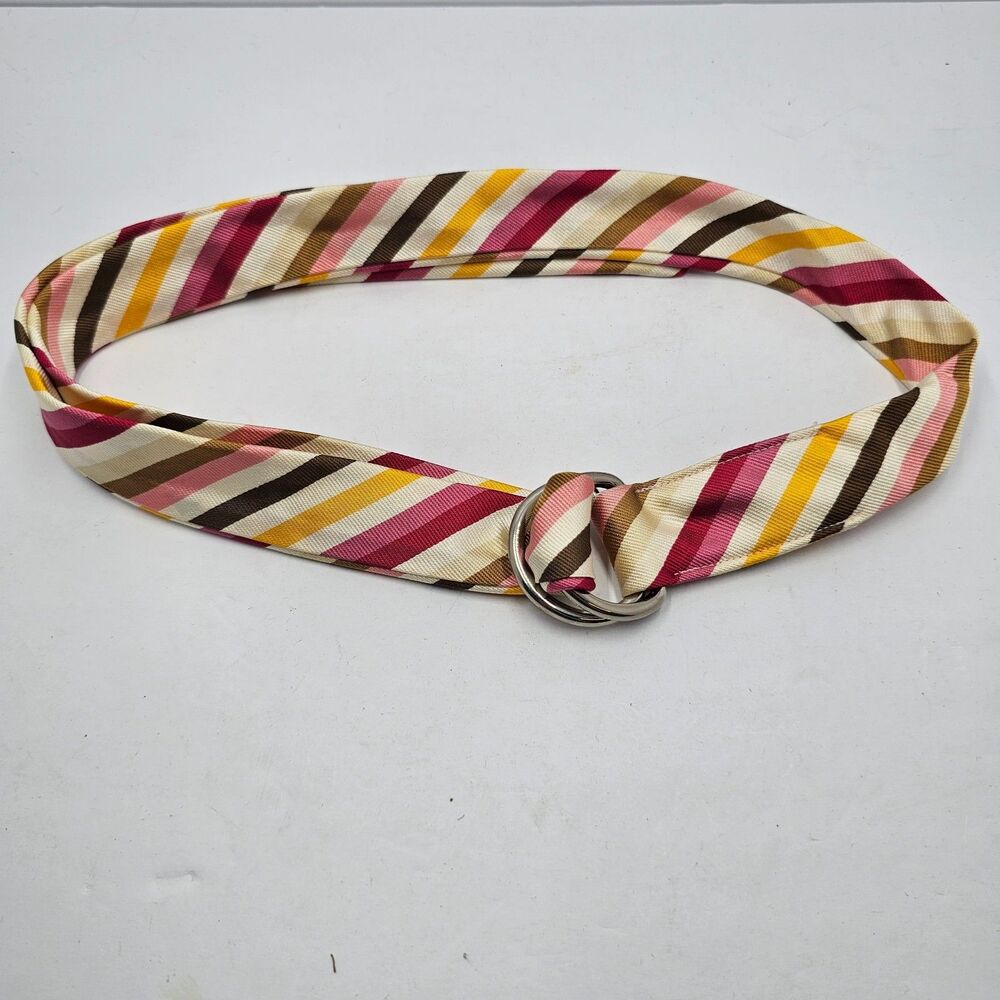 J Crew Striped Silk Ribbon Belt Womens M/L D Ring Buckle Pink Y2K Preppy 46 In - Picture 3 of 5